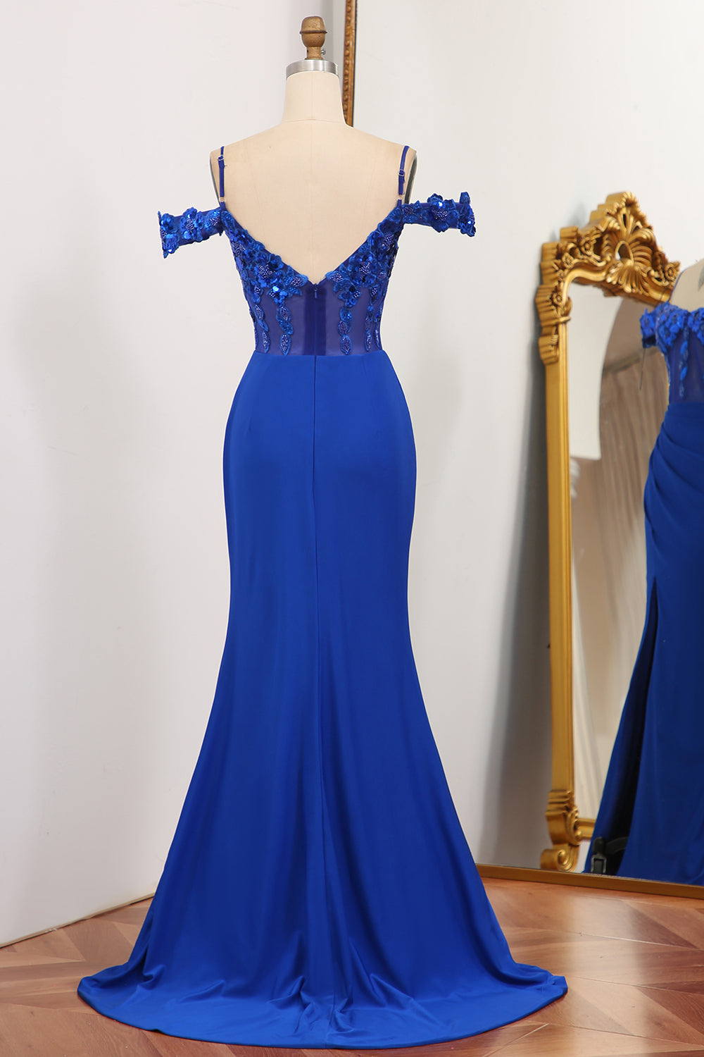 Luolandi Royal Blue Mermaid Off The Shoulder Sparkly Sequins Prom Dress With Front Slit Sexy Evening Dress
